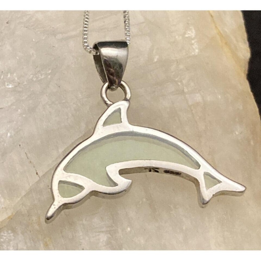 Vintage Dolphin Green Glass TR Sterling Silver 925 Pendant 18'' Necklace 3g